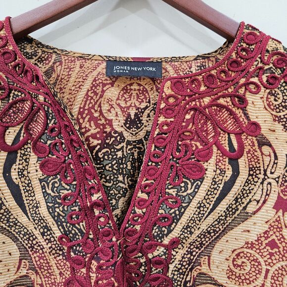 Jones New York Womens Silky Popover Top Multicolor Embroidered Artsy Bohemian - Picture 4 of 10